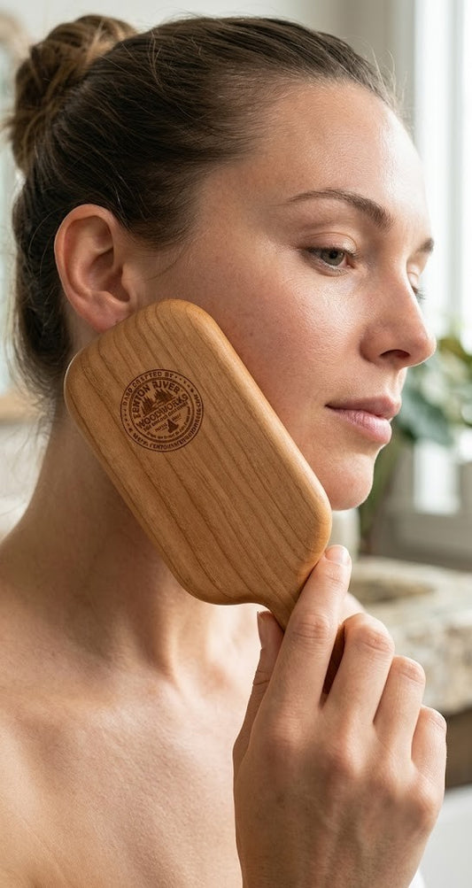 A woman with her hair in a bun uses a light brown wooden facial cleansing brush with a circular logo on the handle, shown in a bright indoor setting