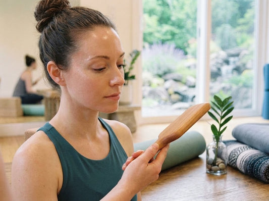 A woman in a yoga studio holds a small wooden paddle tool in her hands, with rolled mats and a small plant in the background.