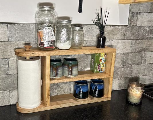 2-Tier Wood Kitchen Organizer | Large Paper Towel Holder, Coffee Mug Rack | Fenton River Woodworks