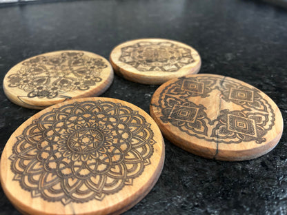 4 inch Hardwood Coasters with Mandala Engraving | Set of Four