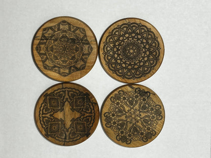 4 inch Hardwood Coasters with Mandala Engraving | Set of Four