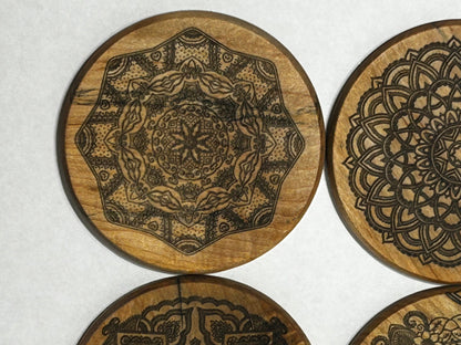 4 inch Hardwood Coasters with Mandala Engraving | Set of Four