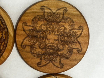 4 inch Hardwood Coasters with Mandala Engraving | Set of Four