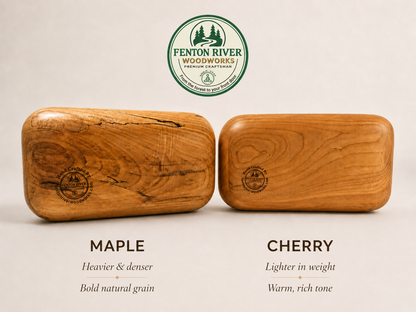 Two wooden blocks labeled 'Maple' and 'Cherry' with Fenton River Woodworks logo above.