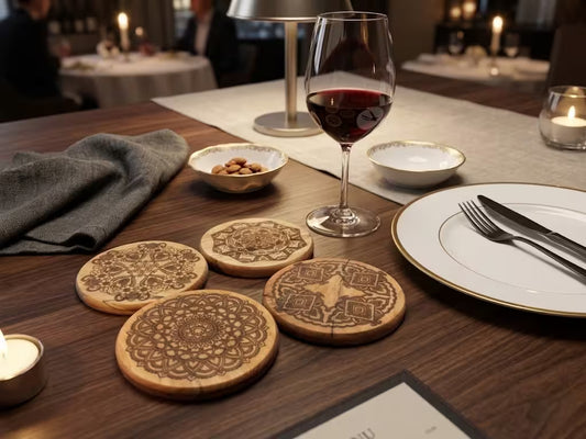 4 inch Hardwood Coasters with Mandala Engraving | Set of Four