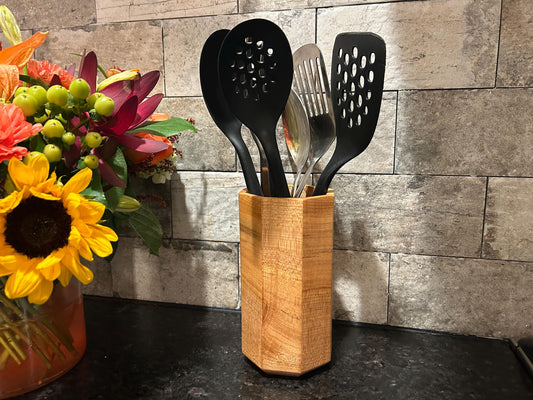 Geometric Hardwood Utensil Holder: Artisan-Finished Solid Wood Vessel for Professional Kitchens
