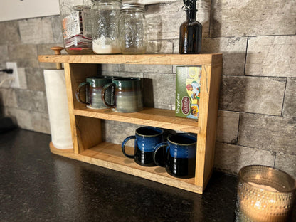 2-Tier Wood Kitchen Organizer | Large Paper Towel Holder, Coffee Mug Rack | Fenton River Woodworks
