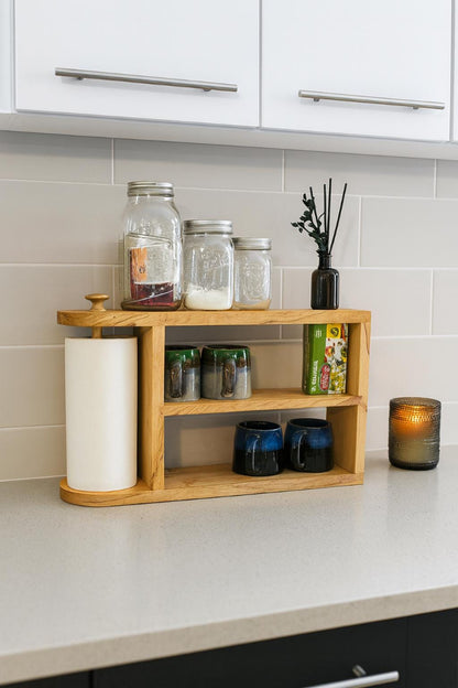 2-Tier Wood Kitchen Organizer | Large Paper Towel Holder, Coffee Mug Rack | Fenton River Woodworks