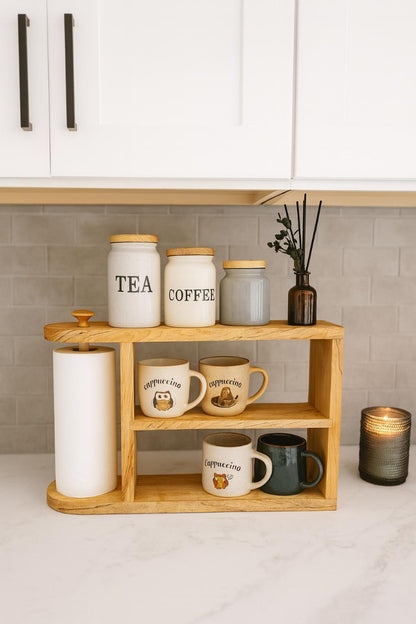2-Tier Wood Kitchen Organizer | Large Paper Towel Holder, Coffee Mug Rack | Fenton River Woodworks