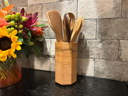 Geometric Hardwood Utensil Holder: Artisan-Finished Solid Wood |7.5 High x 4 wide