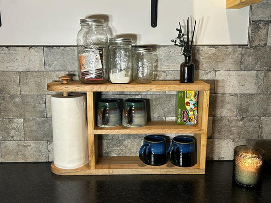 2-Tier Wood Kitchen Organizer | Paper Towel Holder, Coffee Mug Rack