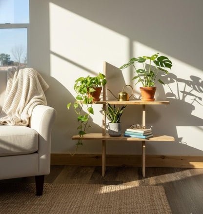 Tiered Hardwood Plant Ladder: Precision-Cut Corner/ Wall Gravity Stand in Solid Maple or Cherry